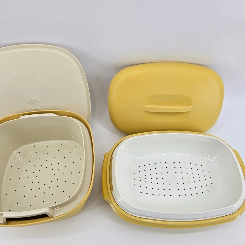 Tupperware Steamer Multi Server Set Vintage Harvest Gold Almond 2pc Set